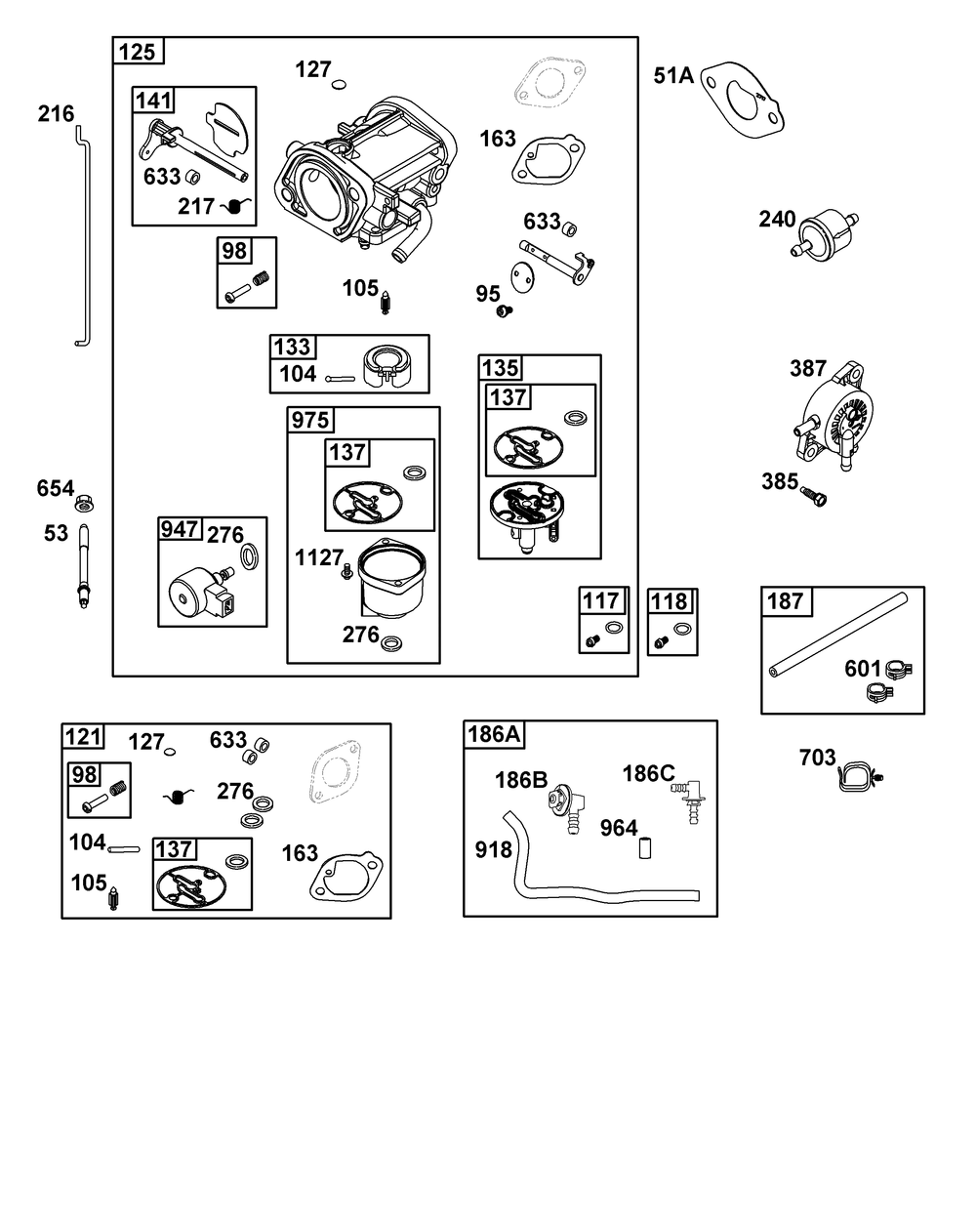Carburetor And Fuel Supply Group Diagram and Parts List for 40N777-0021-B5 400000 - 699999 Briggs and Stratton Engine